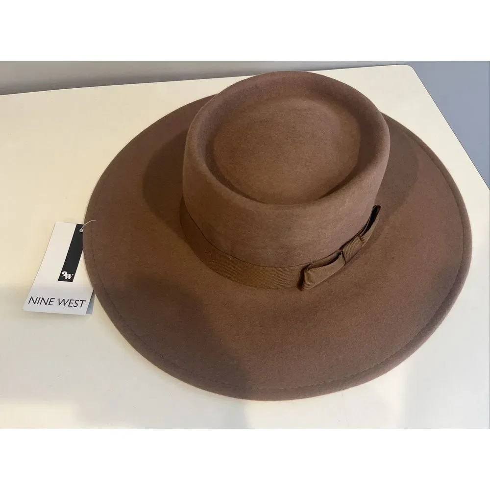 Nine West Wool Felt Telescope Floppy Fedora Hat Brown Rtl $98